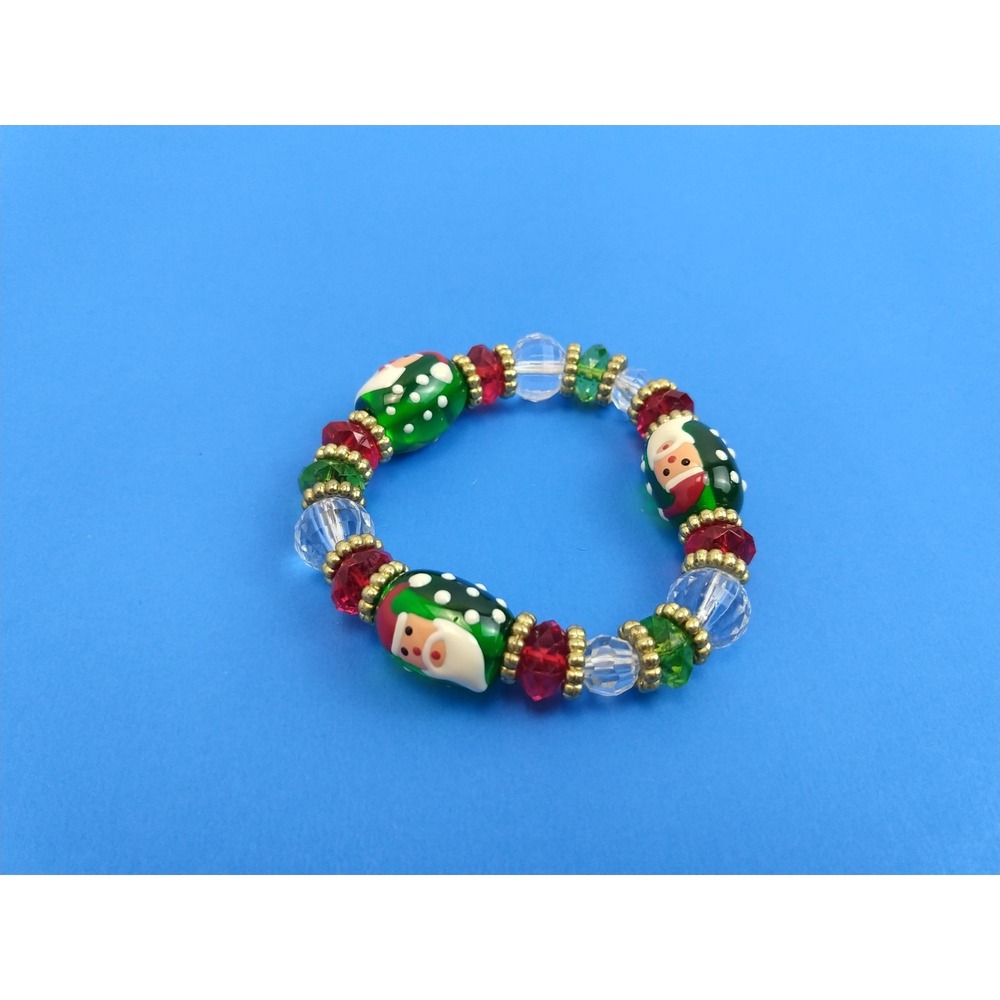 Angela Moore Painted Glass Beaded Christmas Santa Claus Bracelet